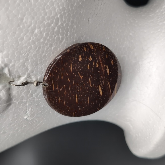 Brown Coconut Shell Focus Drop Dangle Hook Earrings - Picture 4 of 7